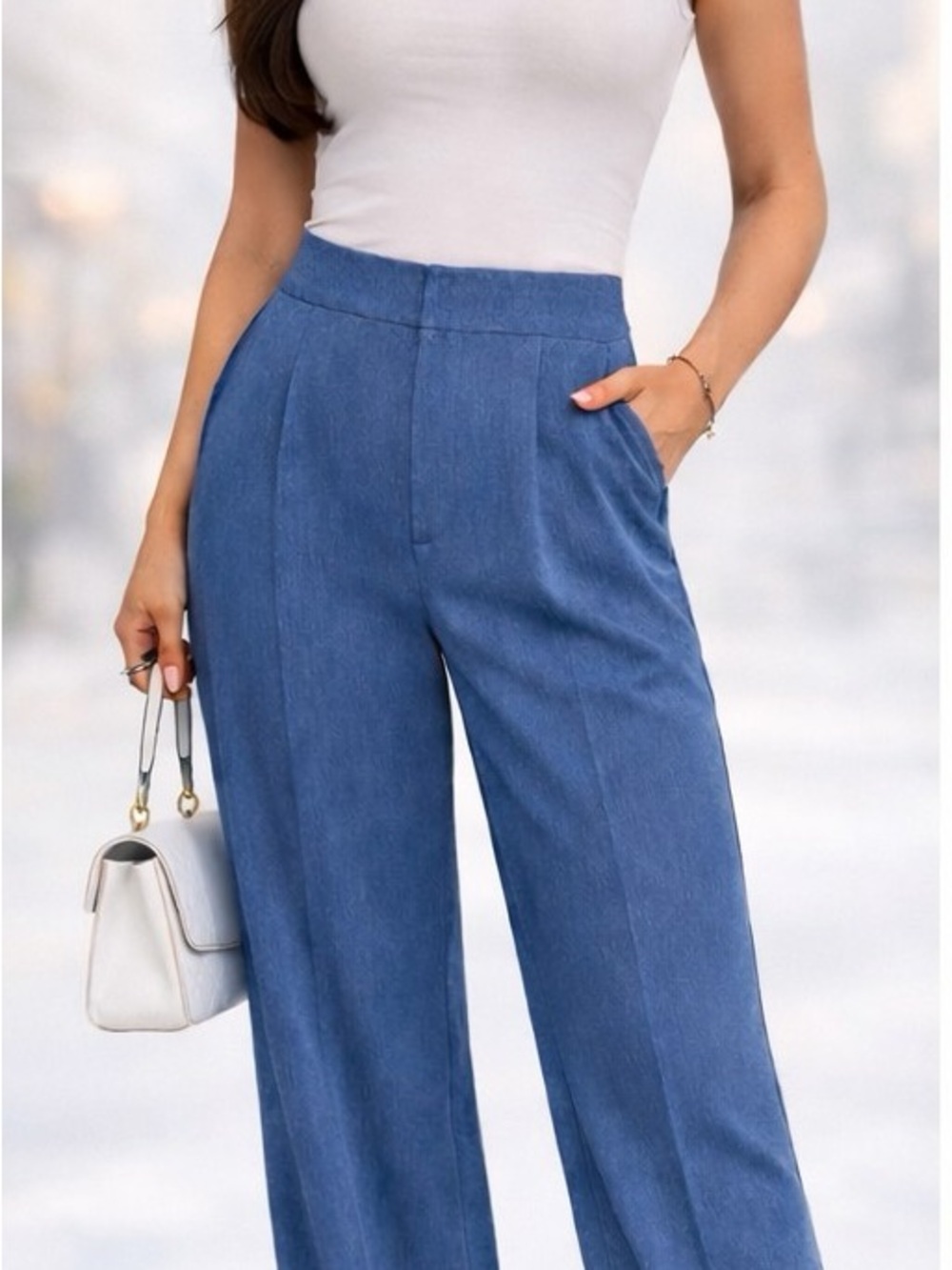 Wide Leg High-Rise Blue Womens Pants Large - Picture 3 of 4